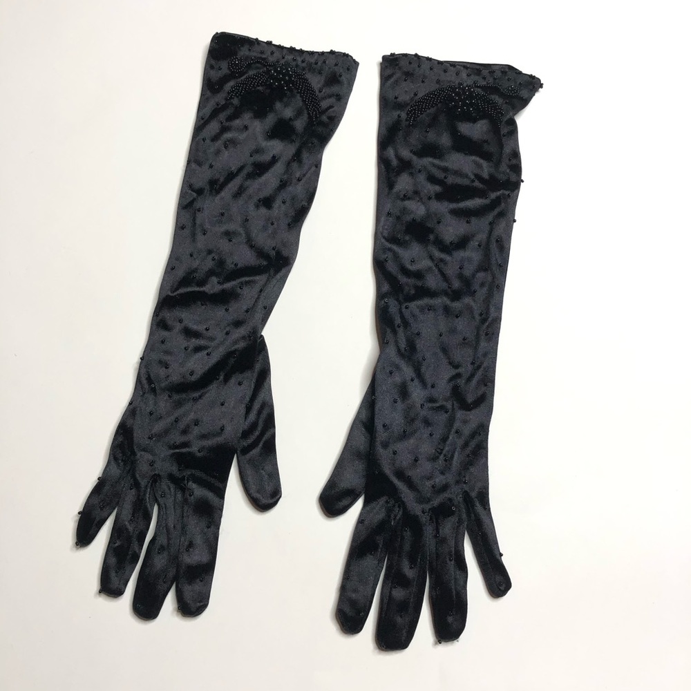 Vintage Black Long Gloves Beaded Opera 80s 90s - Picture 8 of 8